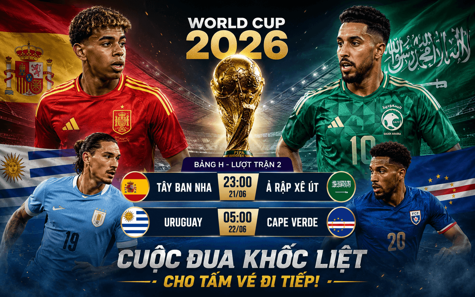 Bảng H World Cup 2026: Tây Ban Nha vs Ả Rập Xê Út, Uruguay vs Cape Verde - Nhận định lượt trận 2