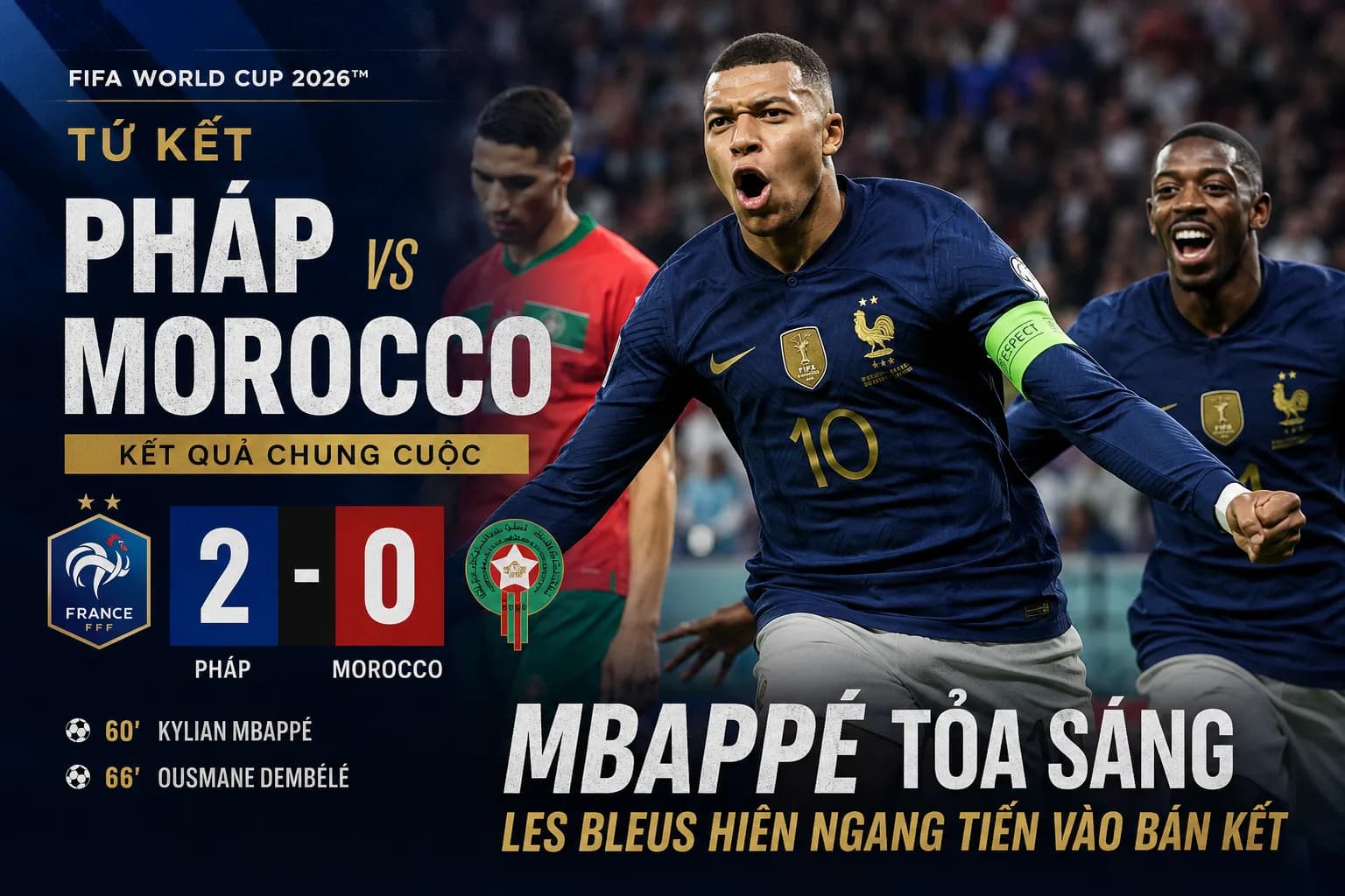 Pháp 2-0 Morocco: Mbappé rực sáng, Les Bleus hiên ngang tiến vào bán kết World Cup 2026
