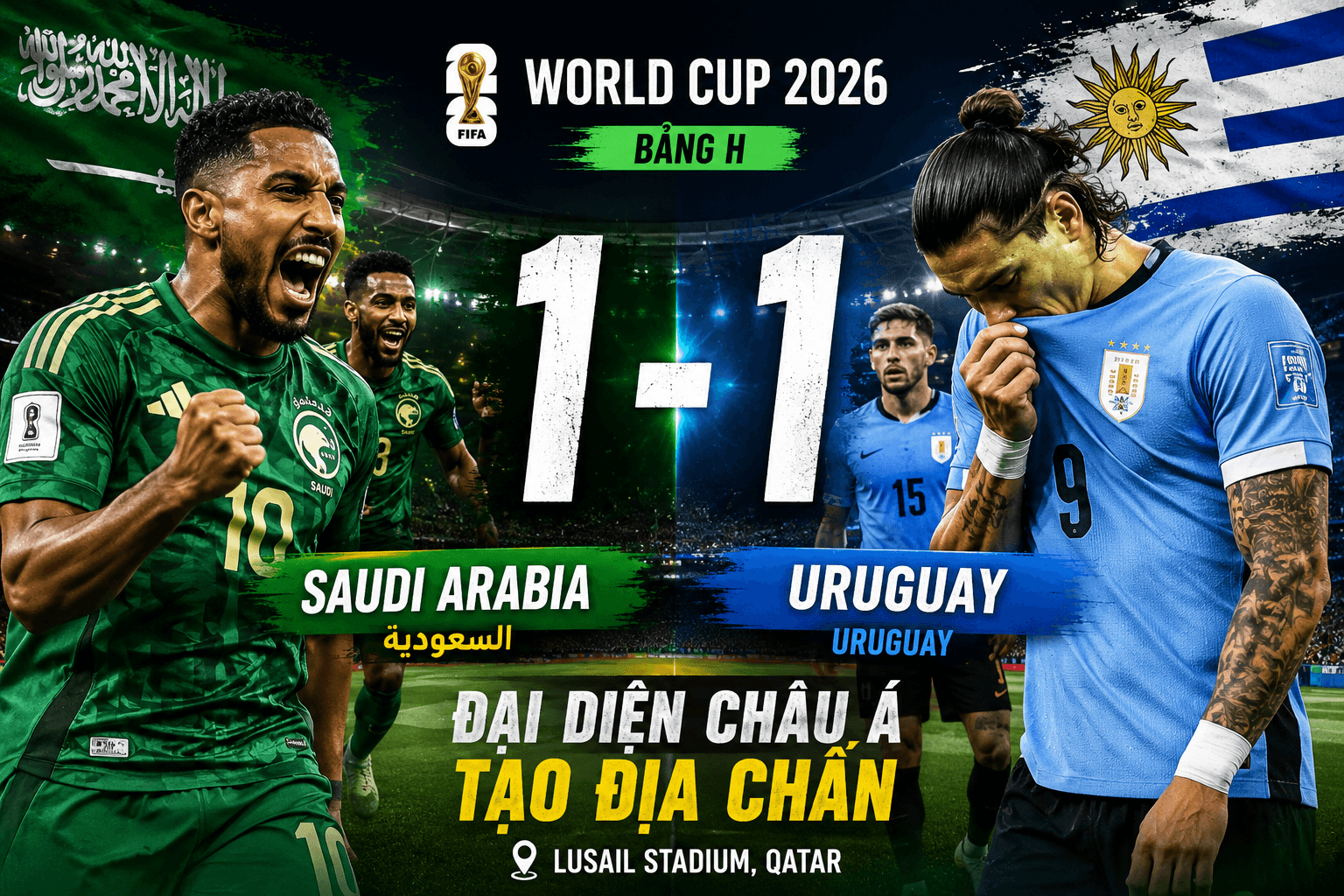 Saudi Arabia 1-1 Uruguay: Đại diện châu Á tạo địa chấn tại bảng H World Cup 2026