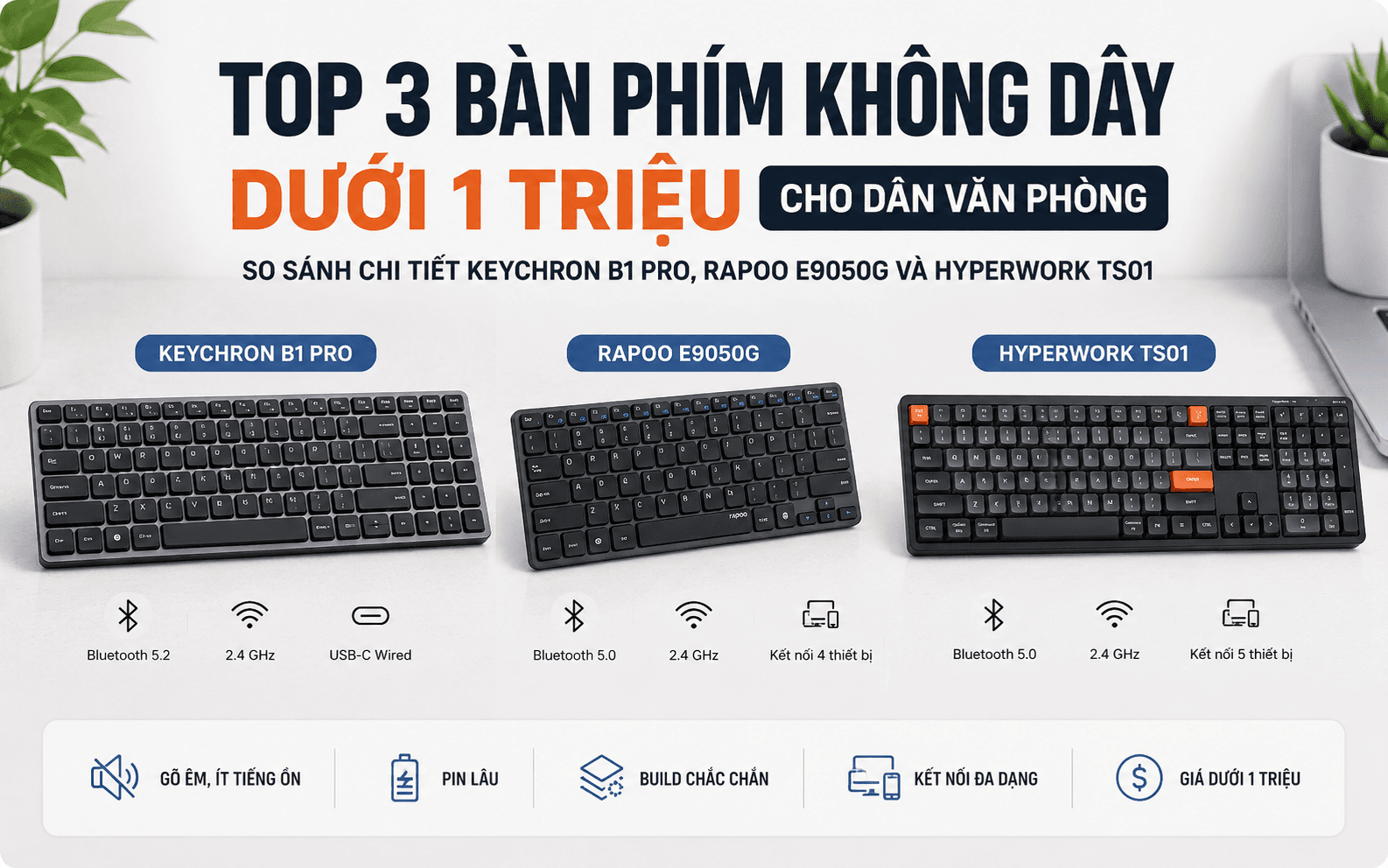 Top 3 bàn phím không dây dưới 1 triệu cho dân văn phòng: Keychron B1 Pro, Rapoo E9050G hay HyperWork TS01 đáng mua nhất?