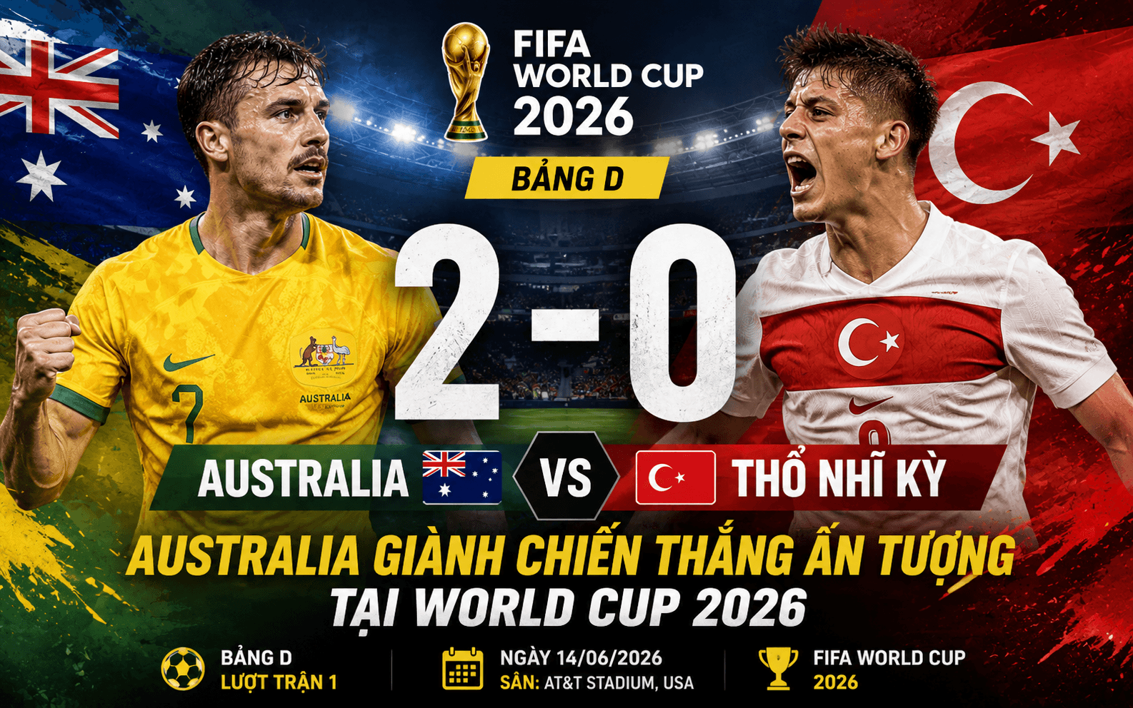 Australia 2-0 Thổ Nhĩ Kỳ: “Socceroos” Gây Bất Ngờ Lớn Tại World Cup 2026
