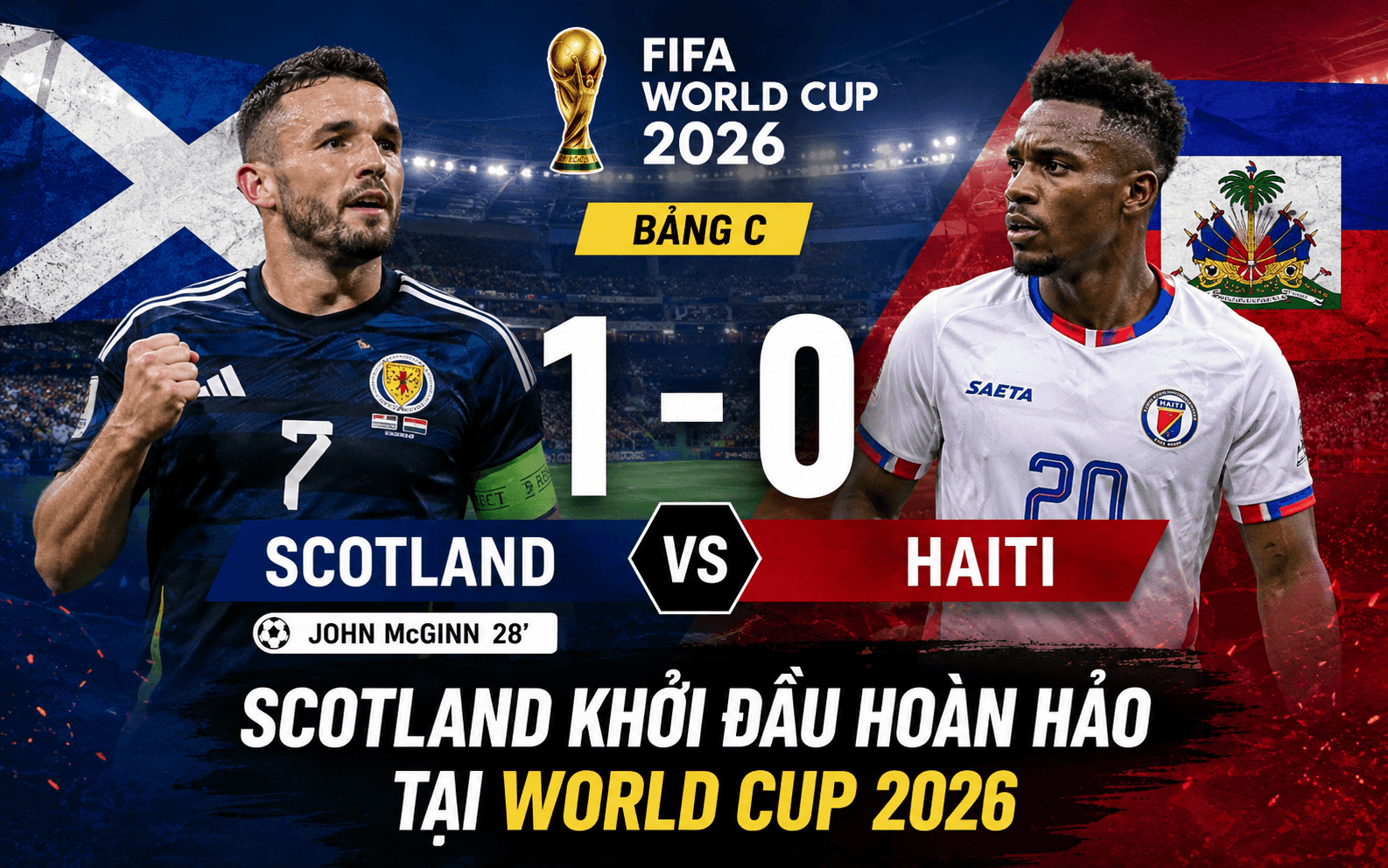 Scotland 1-0 Haiti: McGinn ghi bàn giúp Scotland thắng trận mở màn World Cup 2026
